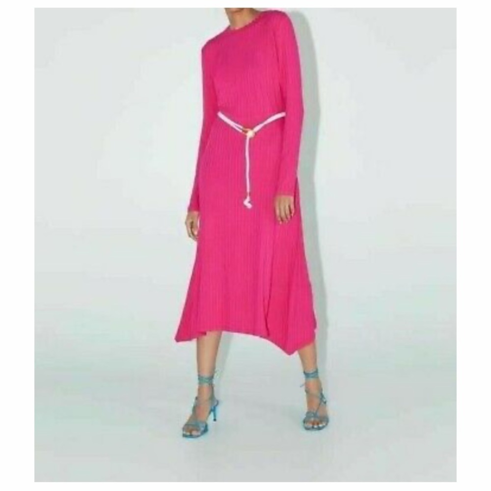 ZARA Hot Pink Removable Belted Midi Dress